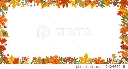 Autumn horizontal frame with rowan berries and maple leaf border spread across top and bottom edges. Wide vector wreath opens copy space for banners, posters and seasonal social media designs Autumn horizontal frame with rowan berries and maple leaf border spread across top and bottom edges. Wide vector wreath opens copy space for banners, posters and seasonal social media designs 142463246