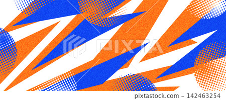 Dynamic Background with Blue and Orange Shapes, Halftone Style and Texture Effect. Template for Sport or Event Banner and Poster Design 142463254