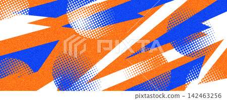 Sporty Background with Dynamic Blue and Orange Shapes, Halftone Style and Texture Effect. Template for Sport or Event Banner and Poster Design 142463256