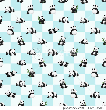 水彩風格的棋盤格圖案和熊貓無縫圖案 - 淡藍色(背景/壁紙) 水彩風格的棋盤格圖案和熊貓無縫圖案 - 淡藍色(背景/壁紙) 142463506