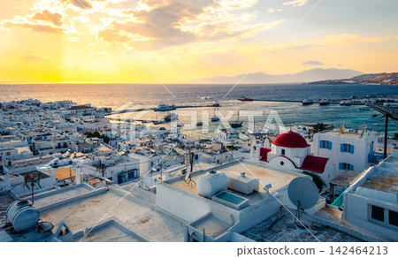 Picturesque Sea View At Sunset On A Greek Island With Golden Lig Picturesque Sea View At Sunset On A Greek Island With Golden Lig 142464213