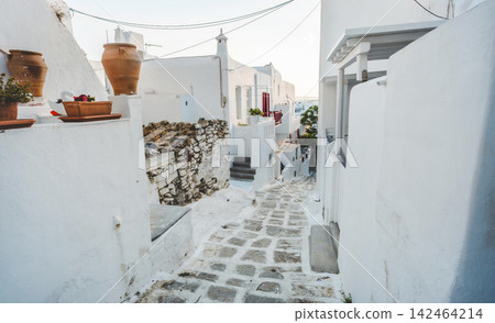 Cozy Narrow Street With Blue Houses And Mediterranean Architectu Cozy Narrow Street With Blue Houses And Mediterranean Architectu 142464214