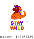 Vector illustration with cute unicorn punk isolated on a white background and motivation phrase STAY WILD. Card with funny flat character. Doodle art concept for design t-shirt print, poster, stickers 142464389