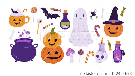 Spooky halloween clipart set with cute ghost, pumpkin, cauldron, potion, bat and candy vector illustration. Cartoon autumn jack lantern, skull, sweets, spirit icon collection 142464658