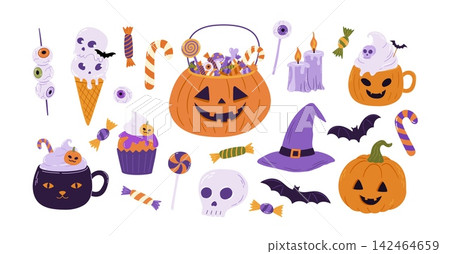 Cartoon Halloween beverage, sweets and dessert collection. Hand drawn pumpkin bucket with candy, coffee cup, cupcake, skull, bat and witch hat vector illustration Cartoon Halloween beverage, sweets and dessert collection. Hand drawn pumpkin bucket with candy, coffee cup, cupcake, skull, bat and witch hat vector illustration 142464659