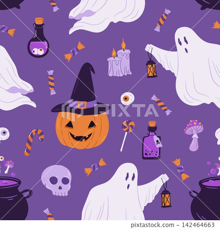 Seamless halloween pattern with ghost character, witch hat pumpkin, potion, candle and cauldron vector illustration. Seamless halloween pattern with ghost character, witch hat pumpkin, potion, candle and cauldron vector illustration. 142464663