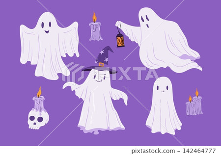 Cartoon cute Halloween ghost characters collection with witch hat, candles, skull, lantern vector illustration Cartoon cute Halloween ghost characters collection with witch hat, candles, skull, lantern vector illustration 142464777
