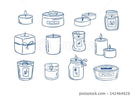 Doodle set of cozy aroma candles. Hand drawn vector illustration for spa, home decor and relaxation Doodle set of cozy aroma candles. Hand drawn vector illustration for spa, home decor and relaxation 142464828