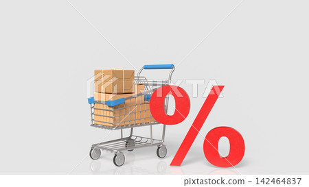 Shopping Cart with Packages and Bold Red Discount Symbol 3d render. Shopping Cart with Packages and Bold Red Discount Symbol 3d render. 142464837