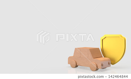 Wooden Toy Car Protected by Golden Shield 3d render. Wooden Toy Car Protected by Golden Shield 3d render. 142464844