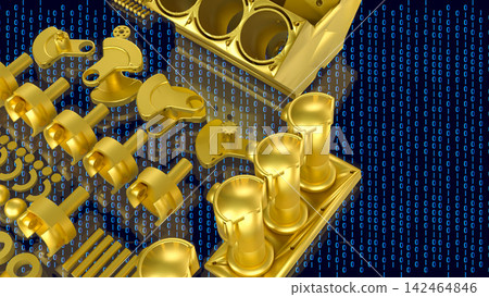 Golden Automotive Engine Parts With Binary Code 3d render. Golden Automotive Engine Parts With Binary Code 3d render. 142464846