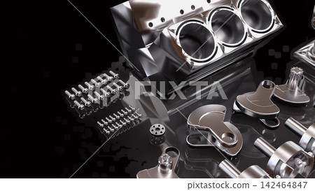Precision Automotive Engine Components in Chrome 3d render. Precision Automotive Engine Components in Chrome 3d render. 142464847