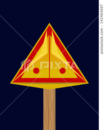 Yellow triangular warning road sign with red details on a wooden post against Yellow triangular warning road sign with red details on a wooden post against 142464897