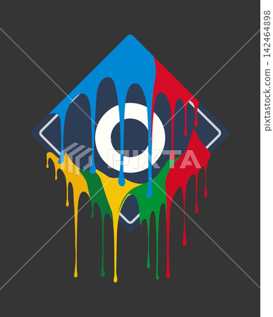 Geometric diamond shape with colorful paint drips and a white ring logo element 142464898