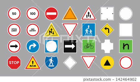 Set of various road traffic signs including regulatory warning and informational Set of various road traffic signs including regulatory warning and informational 142464902