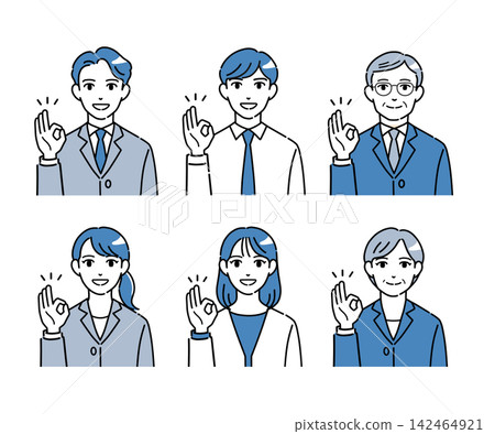 一組描繪商務人士做出「OK」手勢(藍色)的插圖。 一組描繪商務人士做出「OK」手勢(藍色)的插圖。 142464921
