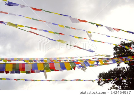 Colorful prayer flags fluttering in the wind - Swayambhunath, Nepal Colorful prayer flags fluttering in the wind - Swayambhunath, Nepal 142464987