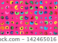 A graphical pattern of colorful, abstract circular motifs against a vibrant pink background. 142465016