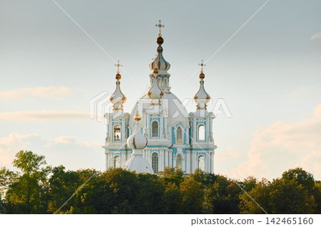 Russia, St.Petersburg, View of the domes of Smolny Cathedral at sunset Russia, St.Petersburg, View of the domes of Smolny Cathedral at sunset 142465160