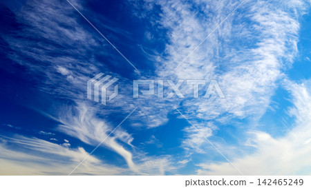 fanciful curved cirrus clouds creating a dynamic pattern in the deep blue sky fanciful curved cirrus clouds creating a dynamic pattern in the deep blue sky 142465249