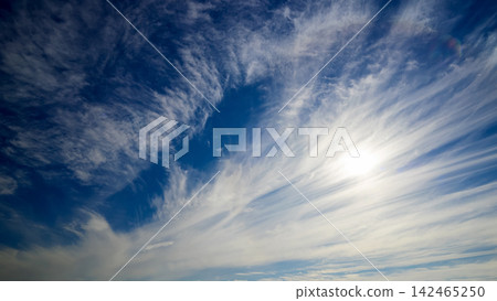 bright sun shining through thin cirrostratus clouds in the vivid blue sky bright sun shining through thin cirrostratus clouds in the vivid blue sky 142465250