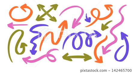 Colorful arrow vector set in marker cartoon style. Hand drawn icon collection with brush texture and sketchy line shape. Ideal for web graphic design. Perfect for handwritten poster or background. Colorful arrow vector set in marker cartoon style. Hand drawn icon collection with brush texture and sketchy line shape. Ideal for web graphic design. Perfect for handwritten poster or background. 142465700