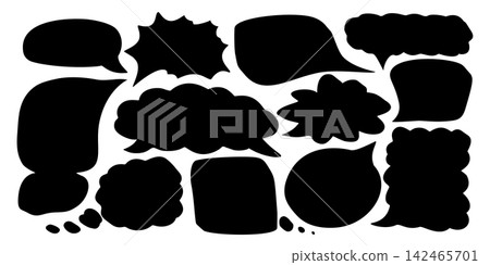Speech bubble silhouette vector set in black and white. Isolated cartoon background with doodle dialog chat shape. Ideal for conversation graphic stamp. Perfect for comic dialogue and talk design. Speech bubble silhouette vector set in black and white. Isolated cartoon background with doodle dialog chat shape. Ideal for conversation graphic stamp. Perfect for comic dialogue and talk design. 142465701