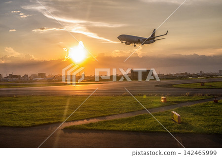 飛機在夕陽下起飛 142465999