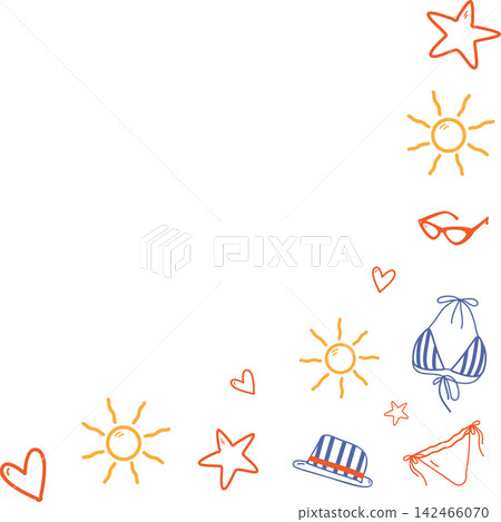 Mediterranean Summer Beach Accessories in Outline Hand Drawn Style Sticker Icon Set Minimalist Flat. Isolated Vector illustration for branding, stickers, packaging or social media promotional material 142466070