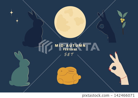 Mid Autumn Festival Element Set of Moon Rabbit Mooncake Bloom sprig and Hand Gesture as rabbit Face. Isolated Vector illustration Cards, posters, packaging design, banner, social media or seasonal art Mid Autumn Festival Element Set of Moon Rabbit Mooncake Bloom sprig and Hand Gesture as rabbit Face. Isolated Vector illustration Cards, posters, packaging design, banner, social media or seasonal art 142466071