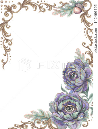 Gothic frame with eye flower and oak leaves with acorn. Hand drawn watercolor opulent vertical background with purple peony and gold antique filigree. Botanical graphic for halloween mystic design. Gothic frame with eye flower and oak leaves with acorn. Hand drawn watercolor opulent vertical background with purple peony and gold antique filigree. Botanical graphic for halloween mystic design. 142466595