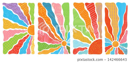 Colorful groovy sun doodle sketch set drawn psychedelic sunburst wavy rays boho shapes with texture Colorful groovy sun doodle sketch set drawn psychedelic sunburst wavy rays boho shapes with texture 142466643