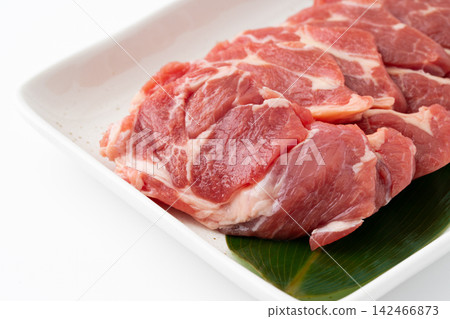 Close-up of raw lamb shoulder loin on a plate Close-up of raw lamb shoulder loin on a plate 142466873