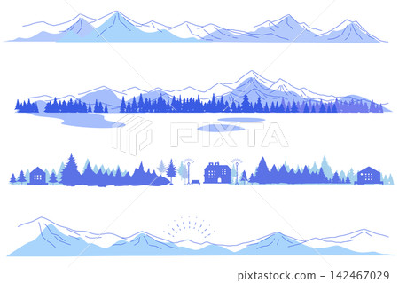 Illustration set of winter mountain and coniferous tree silhouettes - background and frame Illustration set of winter mountain and coniferous tree silhouettes - background and frame 142467029