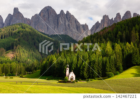 View of church Chiesetta di San Giovanni in Ranui, Dolomites, Italy View of church Chiesetta di San Giovanni in Ranui, Dolomites, Italy 142467221