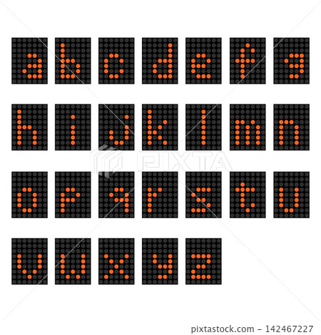 Orange dot alphabet lowercase letters in the style of an electronic display board Orange dot alphabet lowercase letters in the style of an electronic display board 142467227