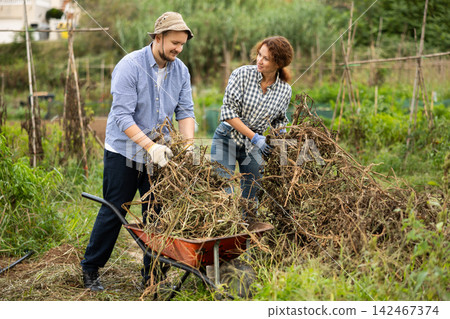 Woman and man takes out bunch of branches, puts garbage in wheelbarrow Woman and man takes out bunch of branches, puts garbage in wheelbarrow 142467374