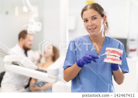 Nurse in a dental clinic holds a model of teeth Nurse in a dental clinic holds a model of teeth 142467411