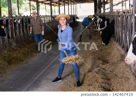 Portrait of female farmer working in cowshed Portrait of female farmer working in cowshed 142467419