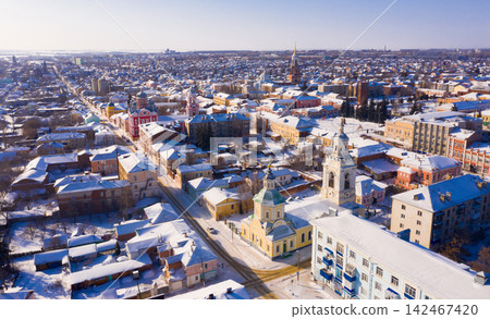 Aerial view of Yelets winter cityscape on sunny day 142467420