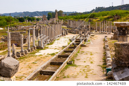 Streets of the ancient city of Perge with marble columns Streets of the ancient city of Perge with marble columns 142467489