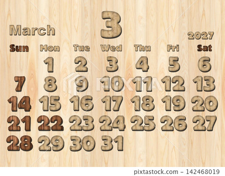 2027 Calendar, Wood Grain, March 2027 Calendar, Wood Grain, March 142468019