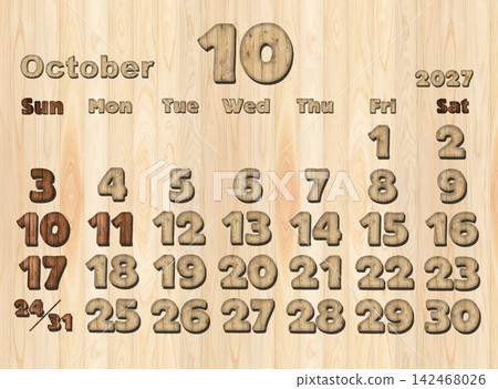 2027 Calendar, Wood Grain, October 2027 Calendar, Wood Grain, October 142468026