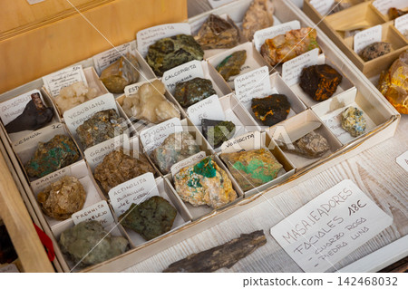 Collection of minerals on counter in souvenir shop Collection of minerals on counter in souvenir shop 142468032
