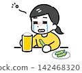A young woman in casual clothes drinking beer while crying. 142468320