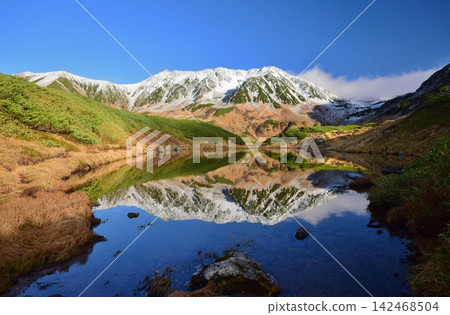 白雪皚皚的立山山脈倒映在水面上。 142468504