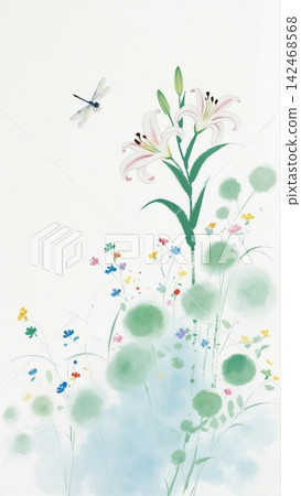 Sparkling clear water surface backgrounds combined with bright wildflower field scenic illustrations Sparkling clear water surface backgrounds combined with bright wildflower field scenic illustrations 142468568