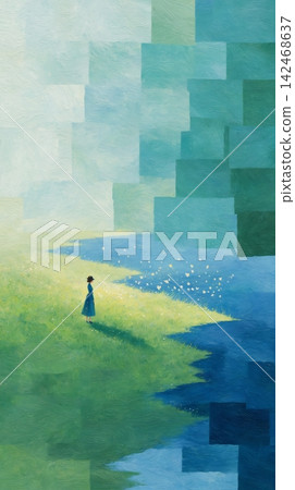Sparkling clear water surface backgrounds combined with bright wildflower field scenic illustrations Sparkling clear water surface backgrounds combined with bright wildflower field scenic illustrations 142468637