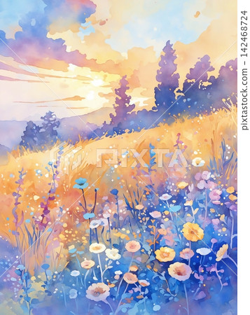 Sparkling clear water surface backgrounds combined with bright wildflower field scenic illustrations Sparkling clear water surface backgrounds combined with bright wildflower field scenic illustrations 142468724