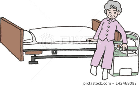 A full-color illustration of a senior woman about to sit on a portable toilet next to her bed. A full-color illustration of a senior woman about to sit on a portable toilet next to her bed. 142469082